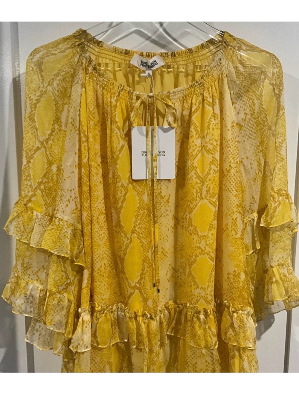 Diane Von Furstenberg Yellow Snake-Print Ruffle Tunic